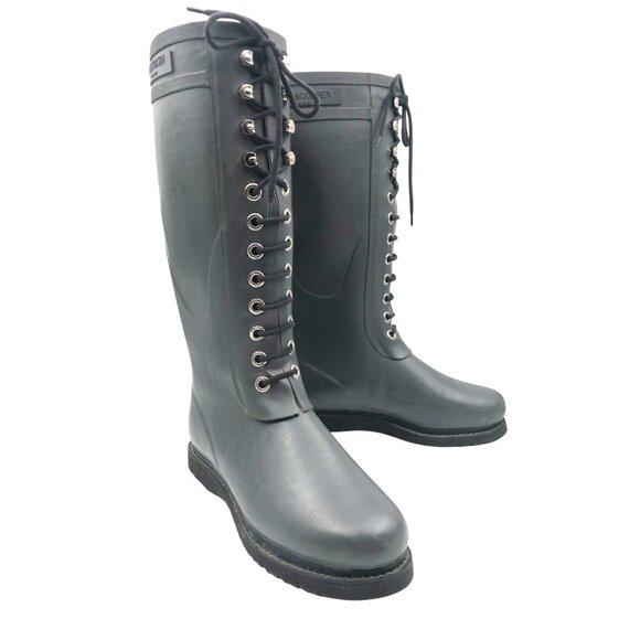 Ilse Jacobsen Medium Length Rubber Lace Up Wellington Boots Black RUB15 001 main image 1